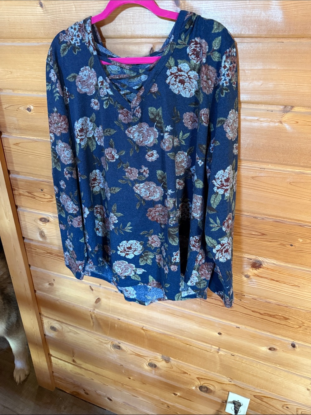 Floral Crisscross V-Neck Long Sleeve Hooded Top - Navy